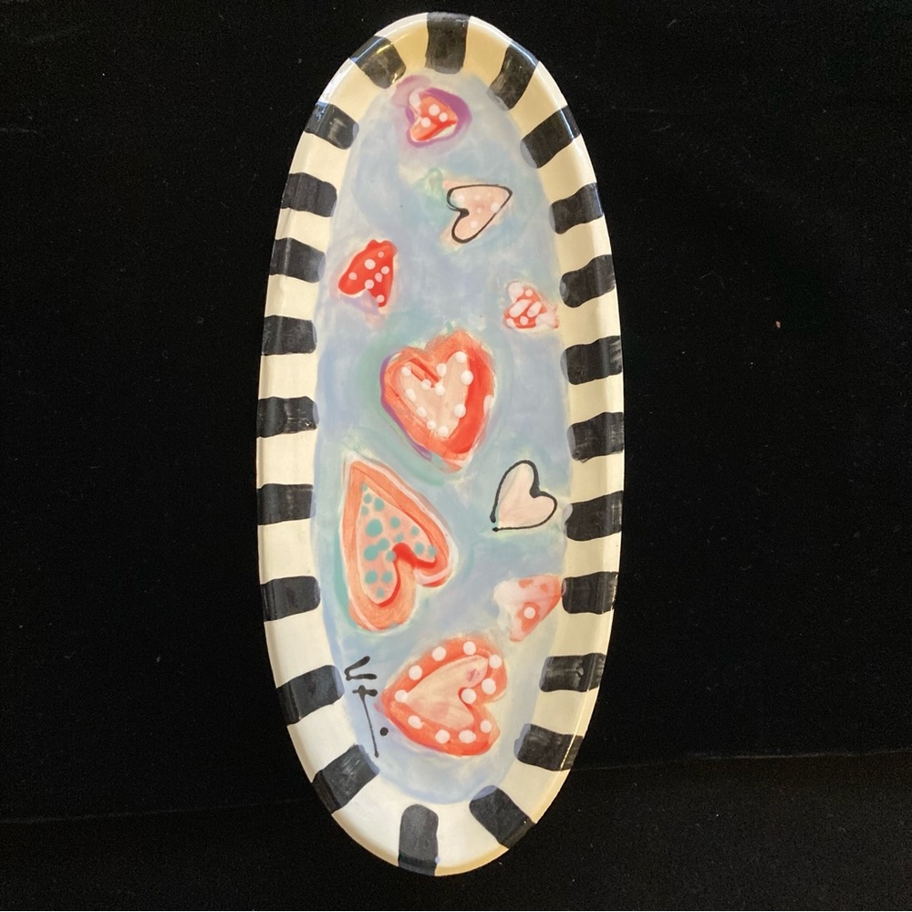 Handmade Ceramic Serving Tray” Hearts Design 13”x5.5”Original Design